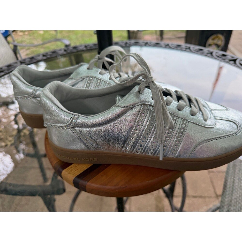 Michael Kors Silver Leather rhinestone Sneakers Cushioned Rubber LS25B